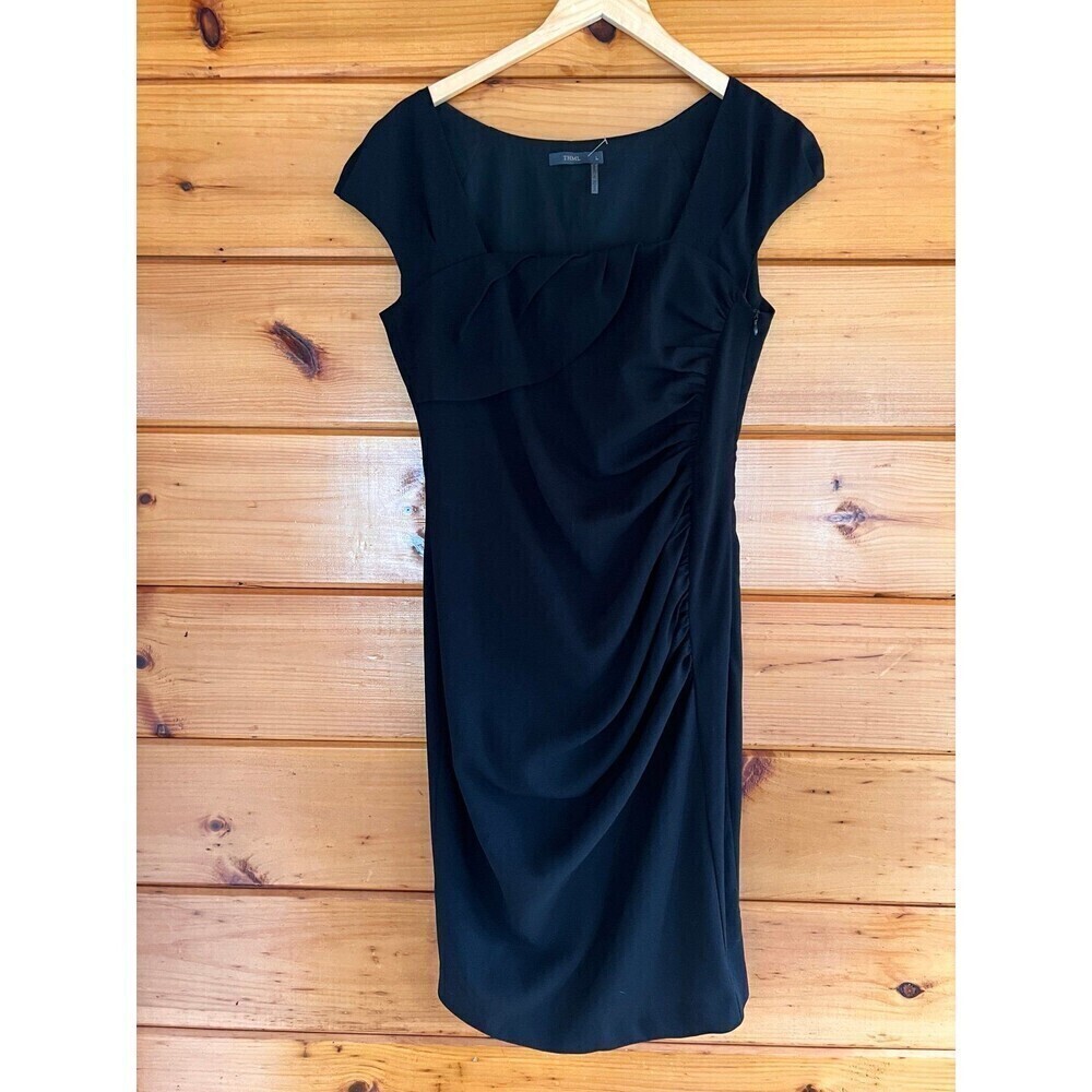 THML Anthropologie Womens L Black Dress Square Neck Side Ruched Cap Sleeve